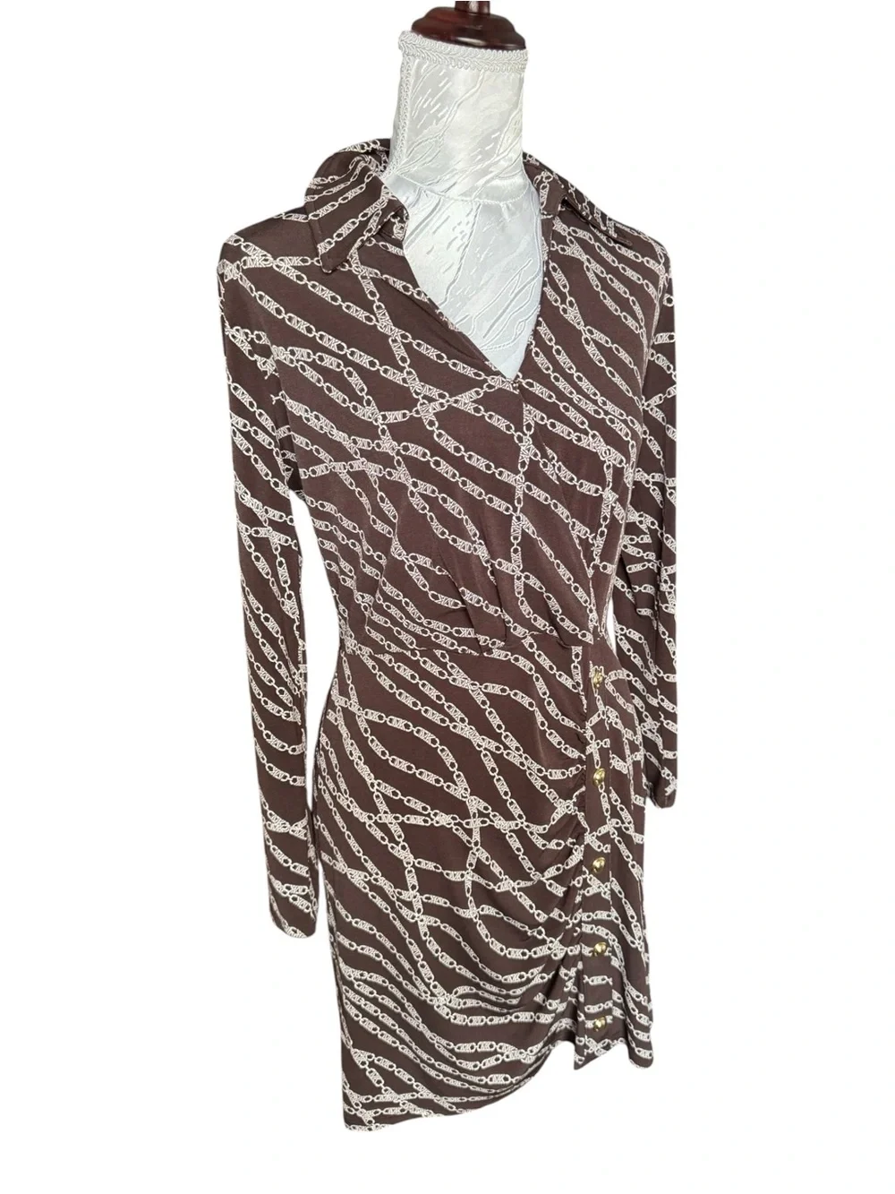 Michael Kors Brown Chain-Print Long Sleeve Wrap-Style Dress